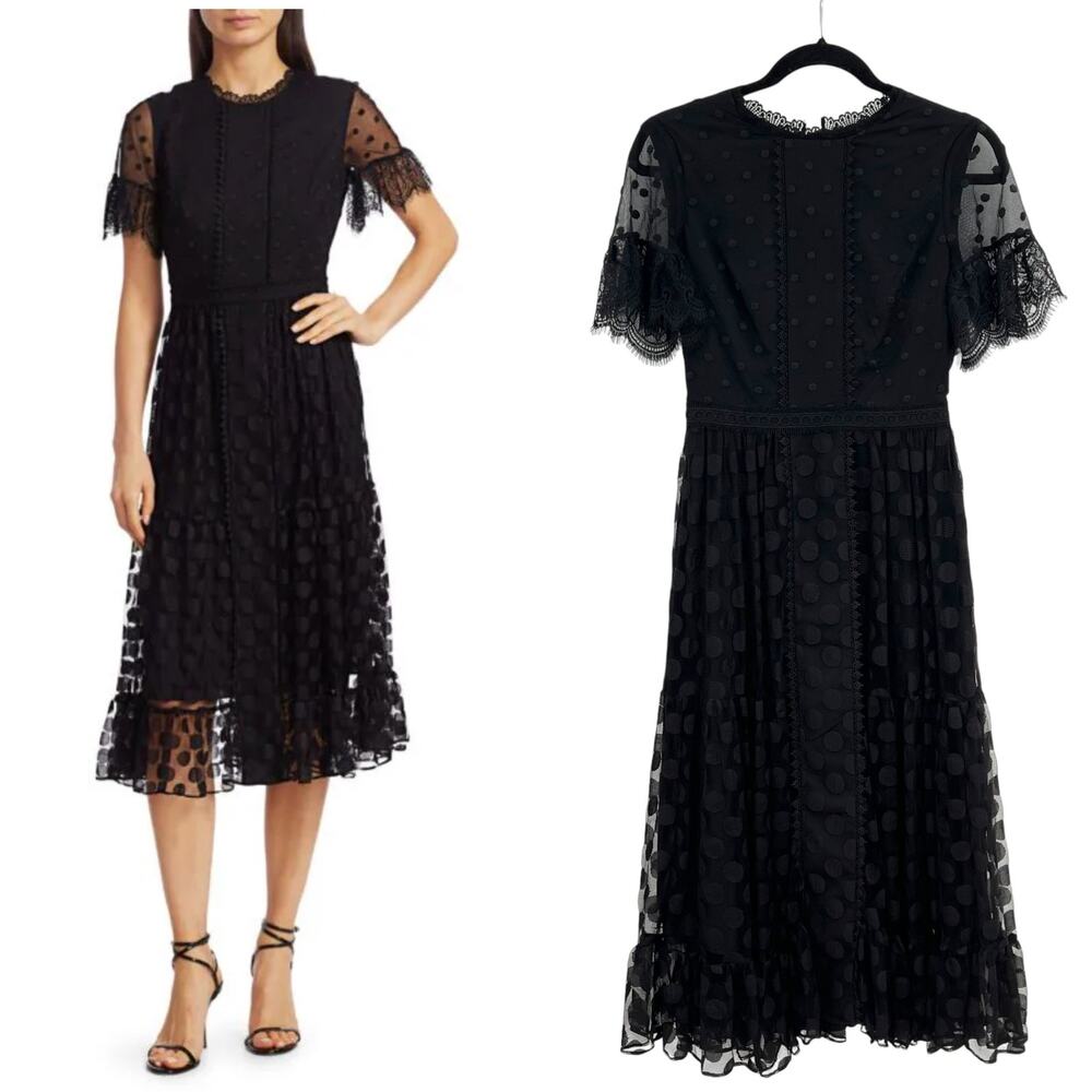 Saloni Andie Mixed Polka Dot Midi Dress Tulle Lace Short Sleeve Black Size US 2